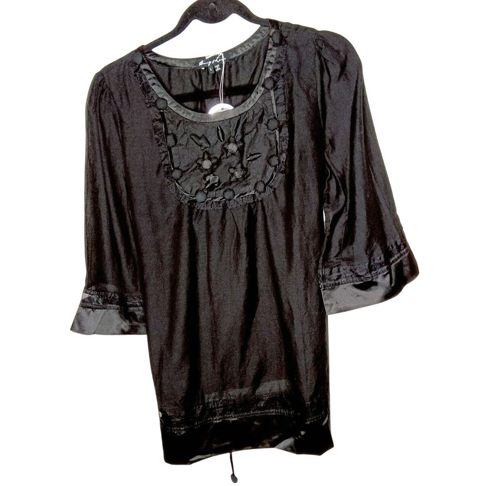 *SOLD*    Song of Love Black Silk Blend Embellished Blouse – L